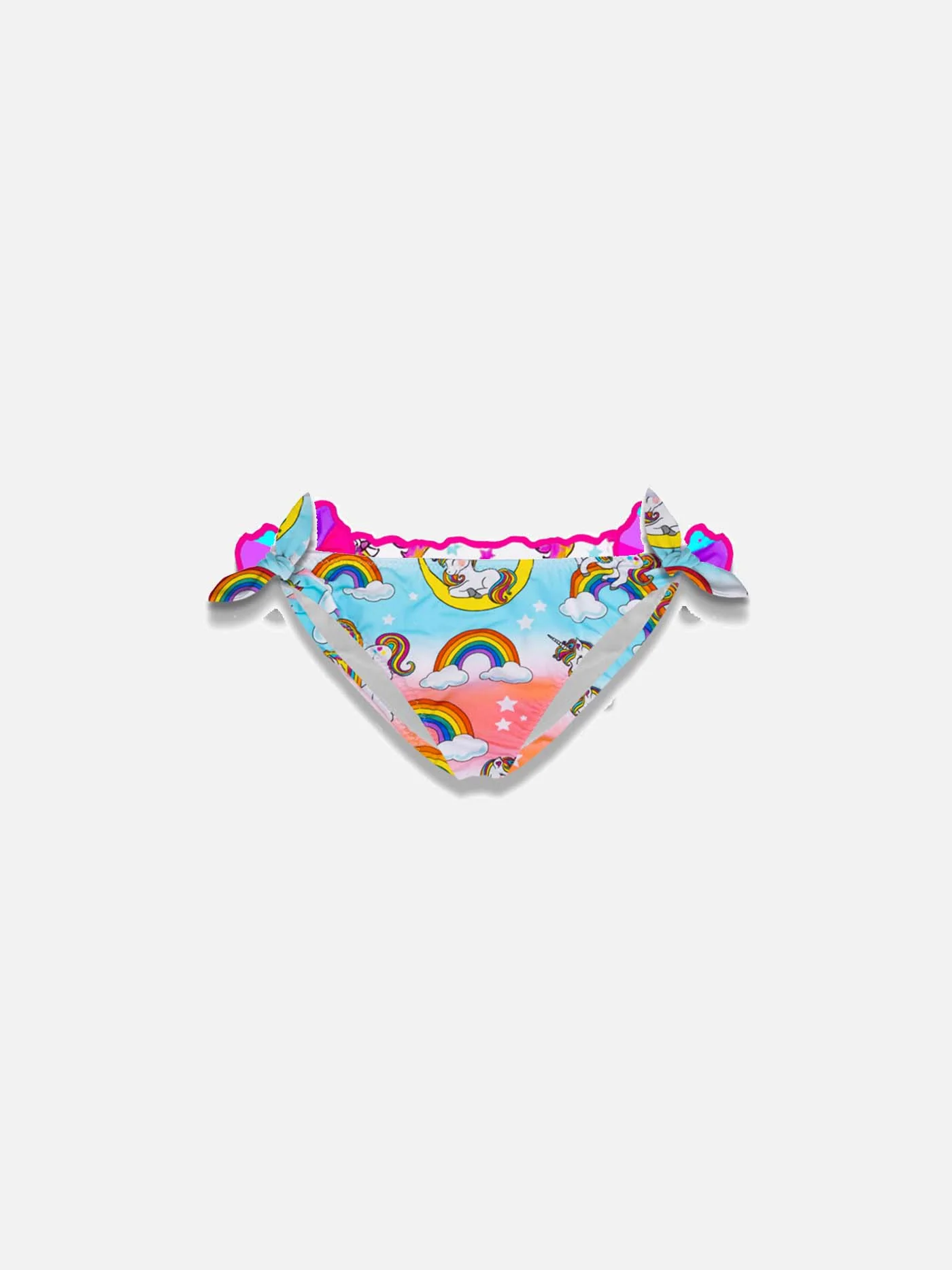 Braguitas de baño para niñas con estampado de unicornios y arcoíris.