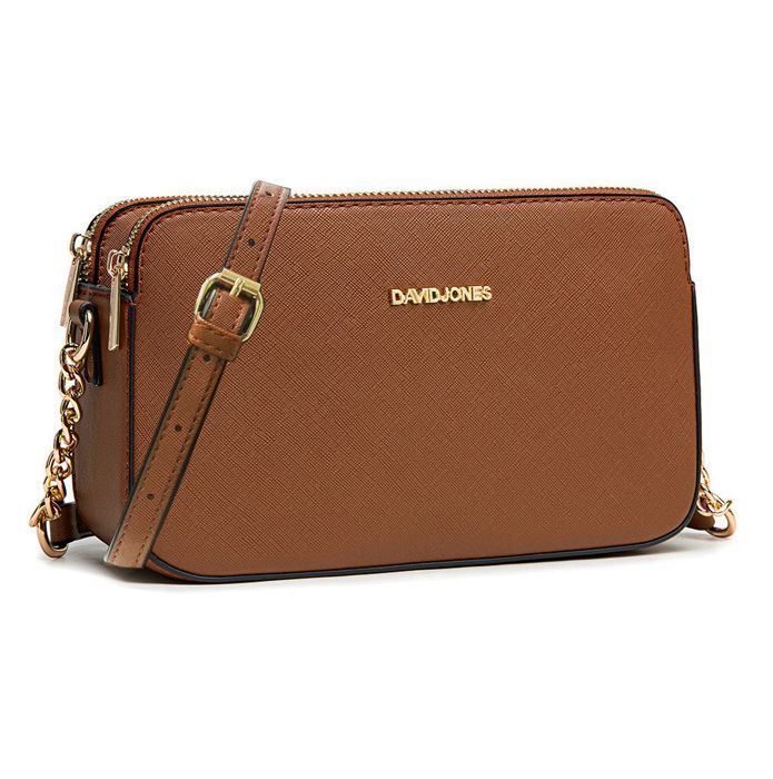 David Jones - Borsa a tracolla piccola da donna - Borsa a spalla con tracolla a catena, in pelle sintetica, 3 scomparti - Borsa multi-tasca - Marrone