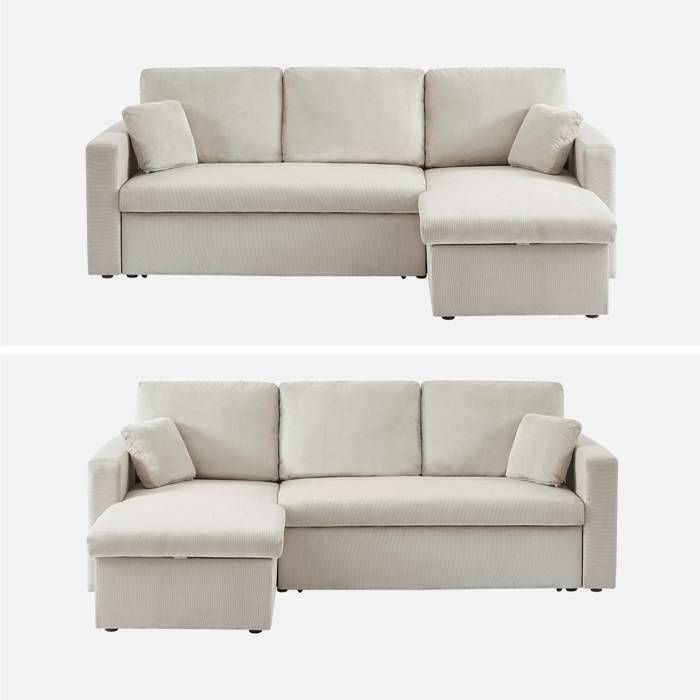 Sofá esquinero convertible de pana beige - IDA - 3 plazas. Sillón esquinero reversible con compartimento de almacenamiento y cama modular.