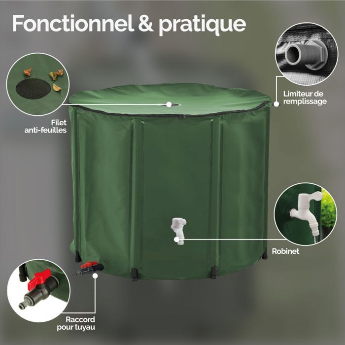 Depósito flexible y plegable para la recogida de agua de lluvia - 1000 L - Verde - Linxor