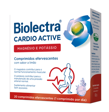 Comprimidos Biolectra Cardio Active de magnesio y potasio para la función muscular, sabor limón, 20 comprimidos.