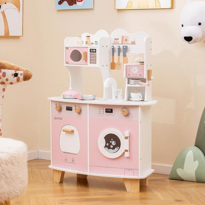 Cocina infantil COSTWAY para mayores de 3 años, 12 accesorios, Zona: Cafetera, Microondas, Horno, Lavadora, Rosa