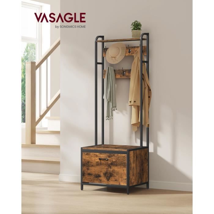 Meuble d’Entrée avec Banc, 7 Crochets et Étagère - Style Industriel - Marron Rustique et Noir