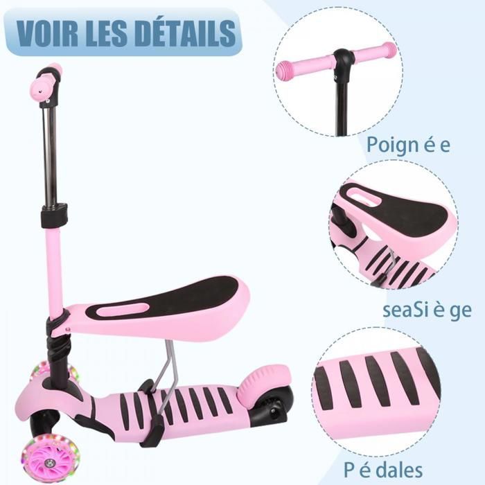 XJING 3-wheel scooter for children, height adjustable, foldable, LED wheels, Scooter - for ages 1 to 8 years (pink)