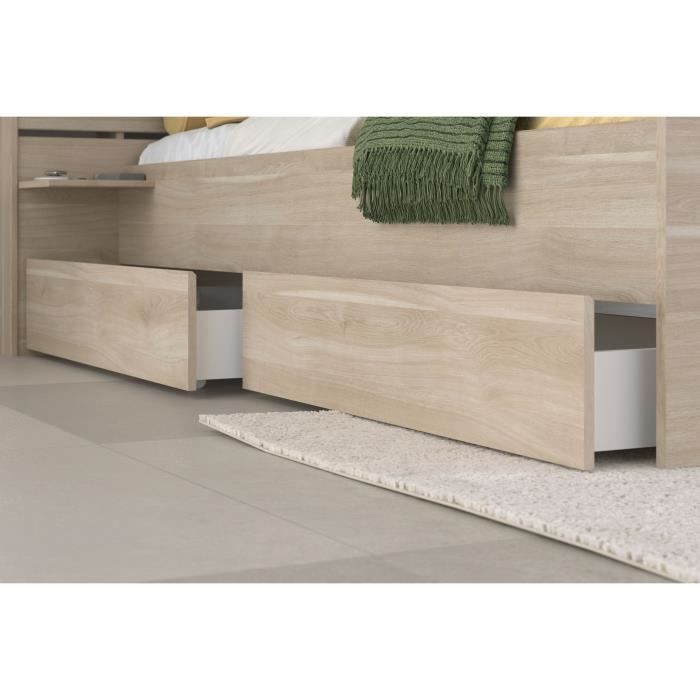 ESCALE Volwassenenbed 180x200 cm - Japanse eikenhouten afwerking - 2 lades + hoofdbord - B235,4 x H98,2 x D216,8 cm - Gemaakt in Frankrijk