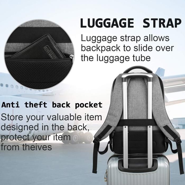 Sac a dos technique 17.3 Pouces Imperméable, Grande capacité de rangement, avec Port USB - Gris
