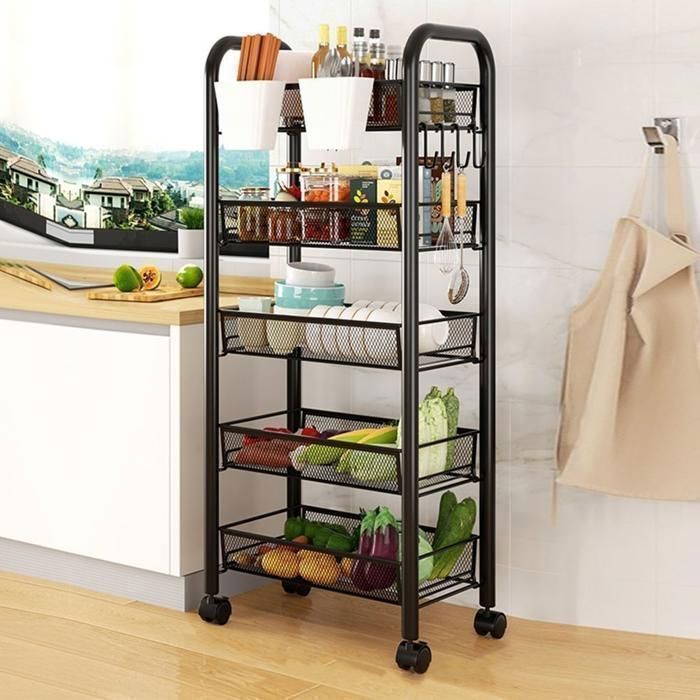 Carrito de cocina con ruedas - 5 niveles - Bandeja extraíble - Acero - NEGRO