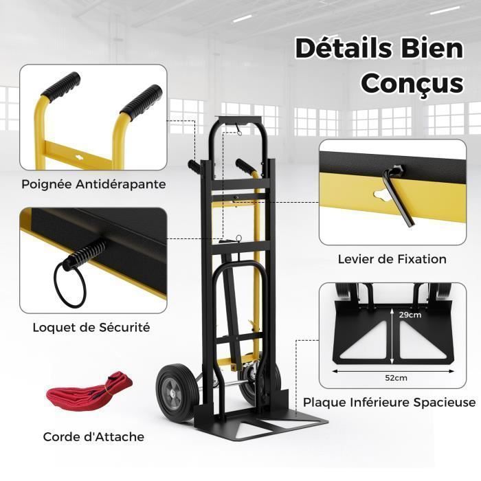 Carretilla metálica plegable COSTWAY - 3 modos - 4 ruedas de goma - Cuerda de conexión - Mango antideslizante - 450 kg - Negro + Amarillo