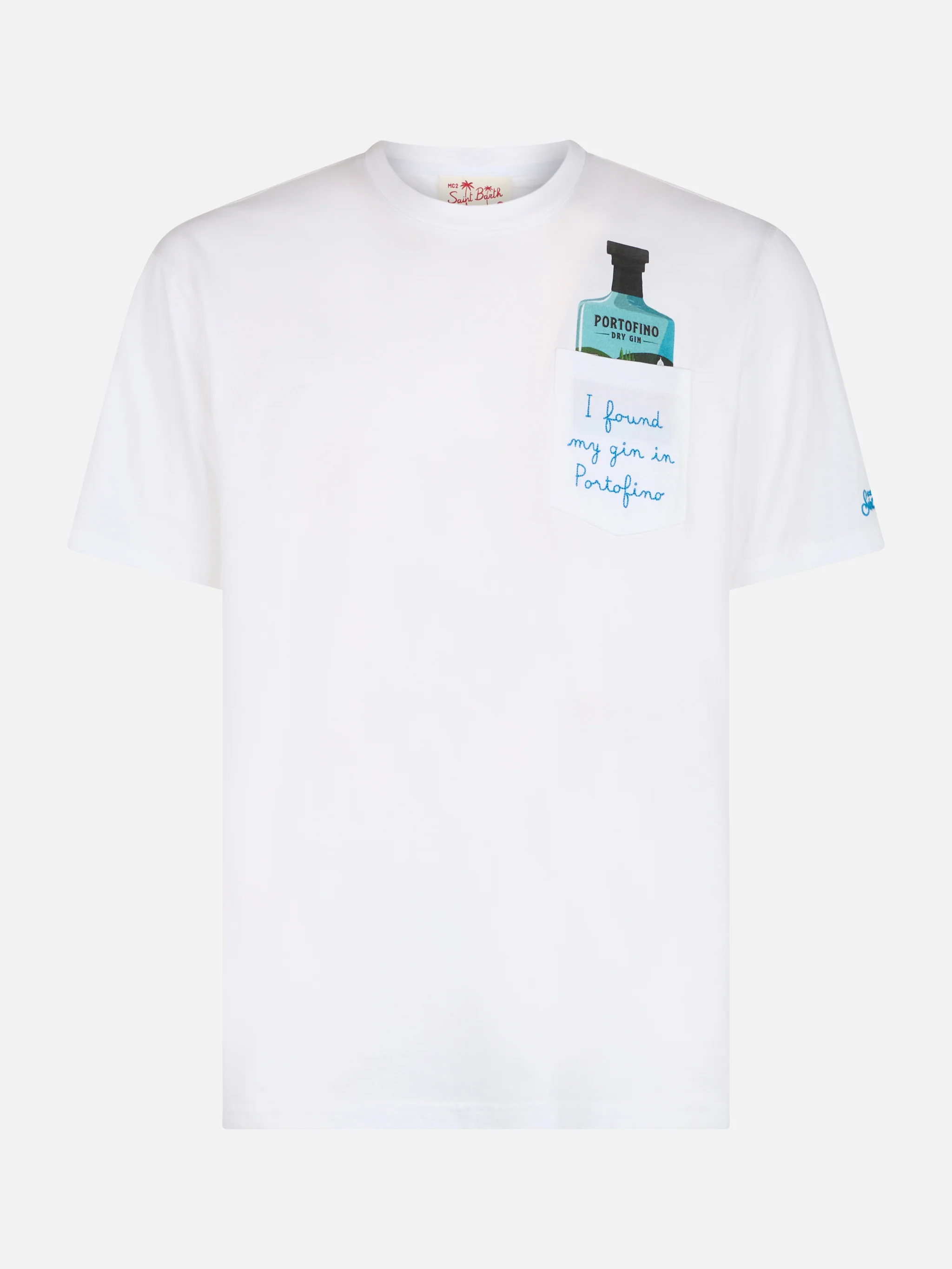 Austin T-shirt | Speciale editie print van een Portofino ginfles | Witte katoenen jersey | Geborduurd: I Found My Gin in Portofino | MC2 Saint Barth
