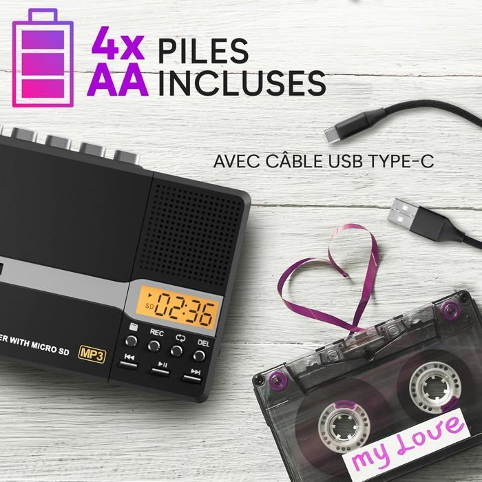 Reproductor y grabador de casetes K10, reproductor de casetes portátil y convertidor de MP3 + micrófono y altavoz integrados + auriculares