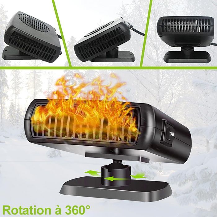 Portable 12V 150W windshield defroster, plugs into the cigarette lighter, 360-degree rotating heater.