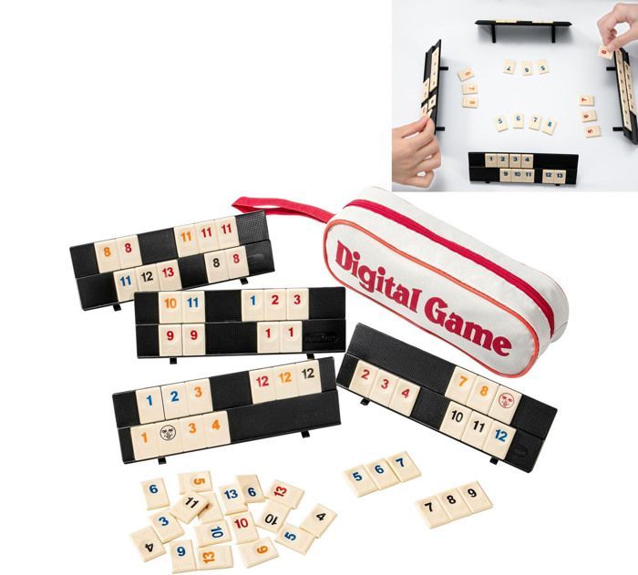 Set di mini dadi da Rummy, gioco classico di Rummy, gioco da tavolo di Rummy numerico con 4 ripiani, 106 dadi da Rummy per 2-4 giocatori