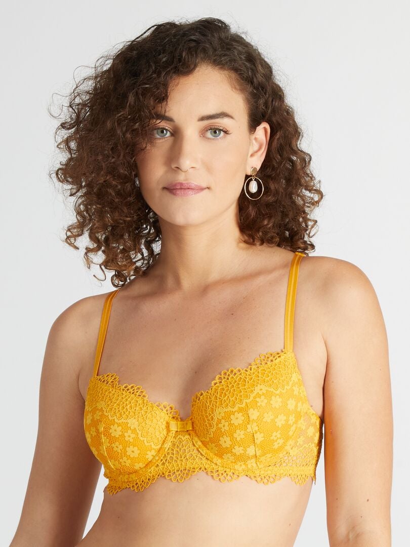 Sutiã de renda volumizador com costas cruzadas - Amarelo