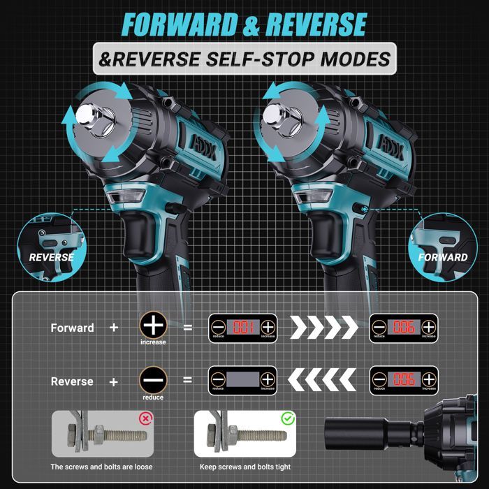 Llave de impacto inalámbrica sin escobillas de 1000 Nm - 5 vasos - 1/2 pulgada - 6 velocidades - Compatible con baterías Makita