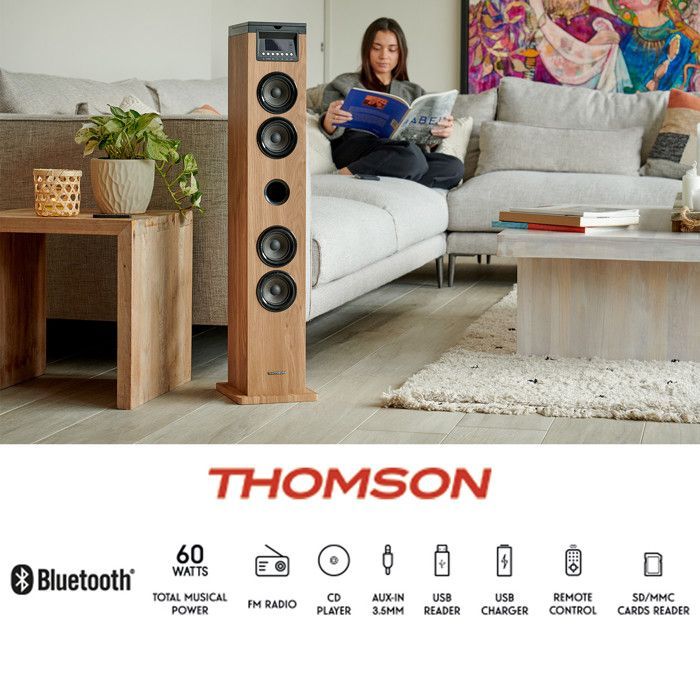 Tour de son Thomson DS122CD - 60W - Hifi Bluetooth, Lecteur CD, télécommande, AUX IN, RADIO FM - Bois/Noir, Bagues LED inclus