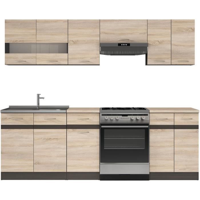 Cocina completa JUNONA de 2,40 m - 7 elementos - Acabado en roble Sonoma - Encimera incluida