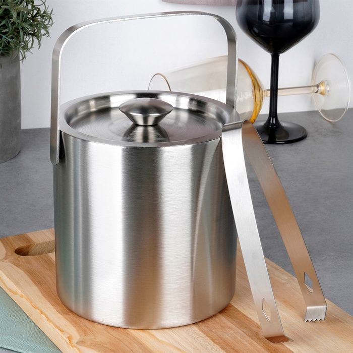 VILDE Seau à Glace Thermique avec Pince 1,3 L - Acier Inoxydable, Double Paroi, Couvercle Hermétique