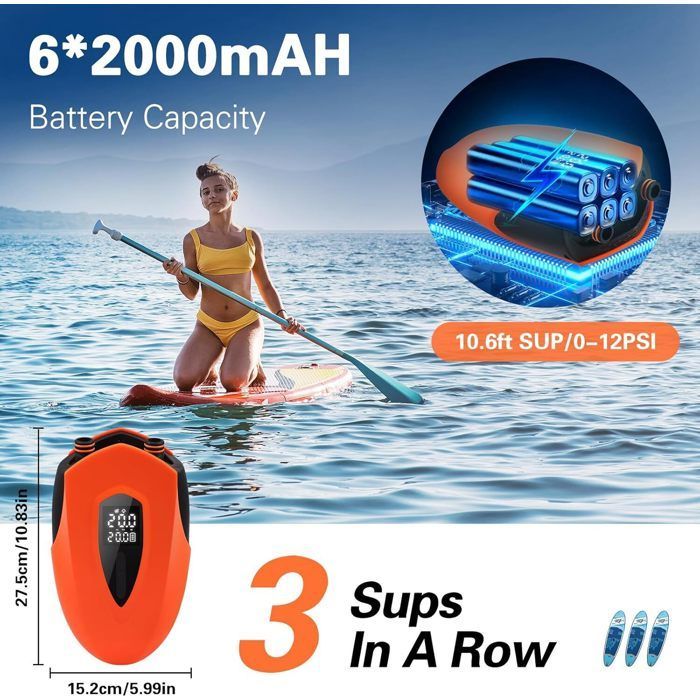 Electric SUP Paddle Board Pump 12000mAh, Dual Stage Electric SUP Air Pump with Battery and Automatic Shut-Off
