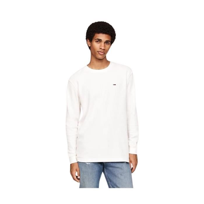 Pull homme - TOMMY JEANS - Ref 63673 YBH - Blanc - Tissage alvéolé - Écusson drapeau