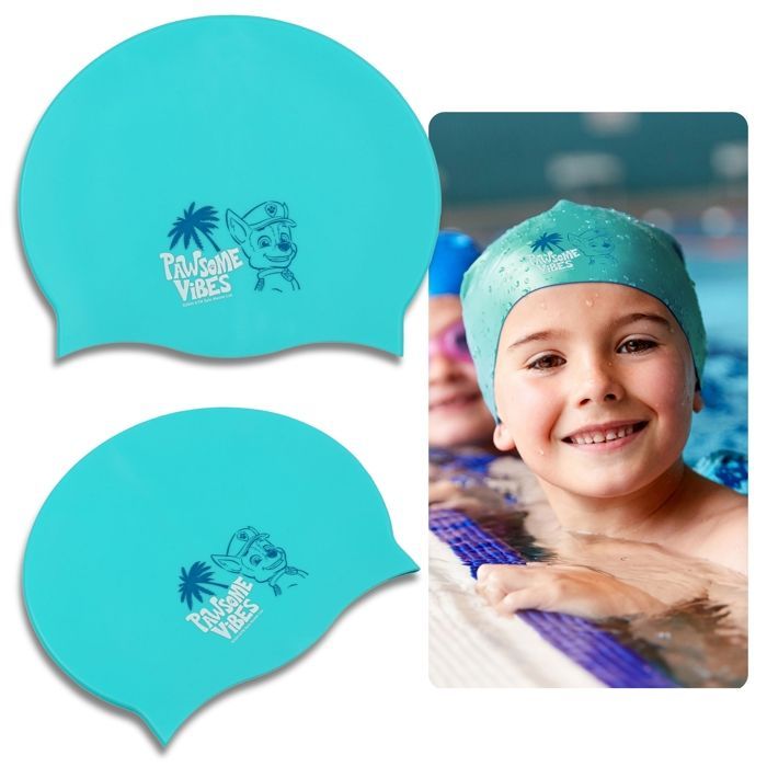 Gorro de natación de Chase de Paw Patrol, de silicona para niños de 3 años en adelante, elástico, talla universal para piscinas.