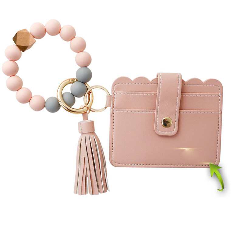 Braccialetto da donna personalizzato con porta carte, catena in silicone con perline, portafoglio, portachiavi e anello porta monete.