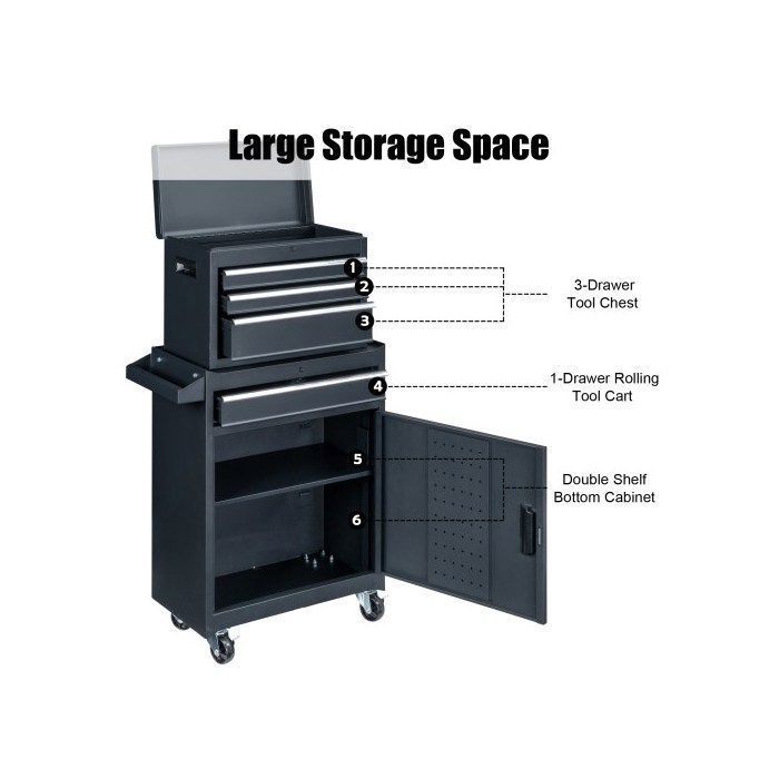 Carro de taller 2 en 1 - ALIGHTUP - Cajones y compartimentos de almacenamiento multicapa, con cerradura y asa - Negro