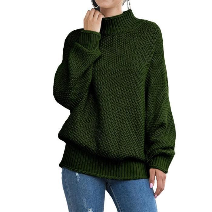 Pull Femme Col Roulé Tricoté Automne Hiver Chaud Hauts Lâche Manches Longues Couleur Unie - Vert militaire
