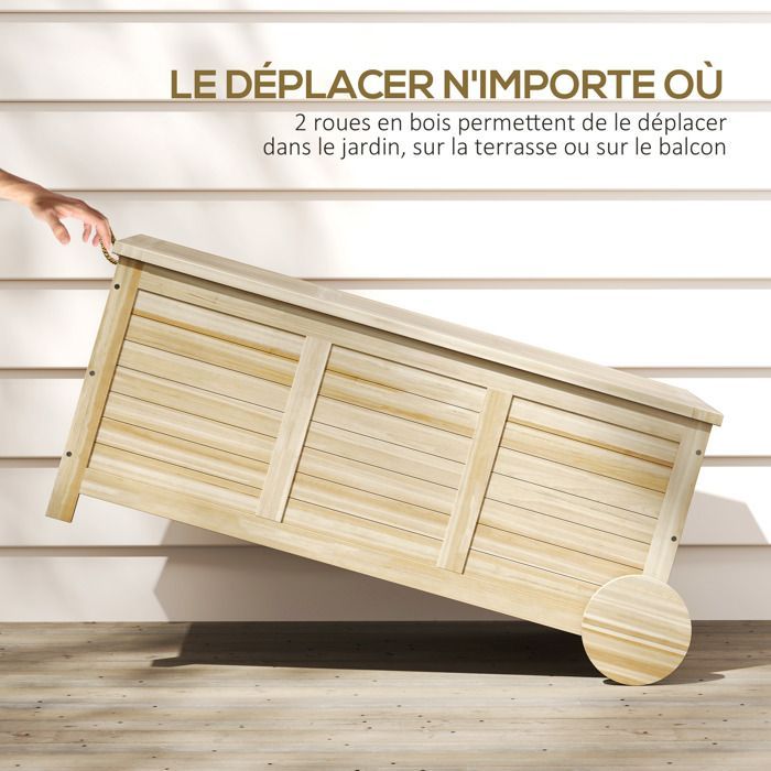 Caja de almacenamiento exterior Outsunny - 185 L - con ruedas y revestimiento interior - de madera - 110 x 50 x 50 cm - madera natural