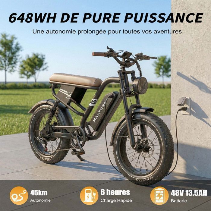 Vélo électrique - Maxturn MX10 - Moteur 500 W - Batterie 48V 13,5Ah - Autonomie 80–100 km - Roues 20