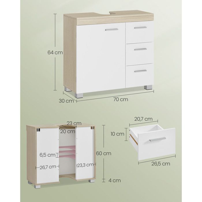 Mobile bagno con 3 cassetti laterali e 2 vani dietro l'anta, per lavabi a colonna, 30 x 70 x 64 cm, bianco e beige.