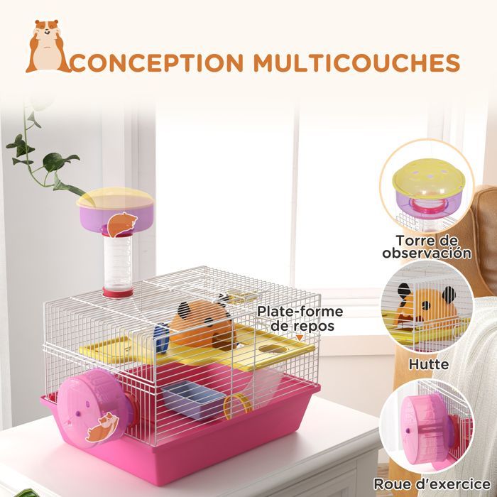 Cage à hamster - PawHut - rat rongeur avec plateforme - biberon eau - roue - maisonnette -  34 x 27 x 25 cm - rose