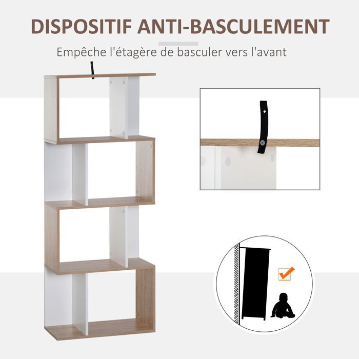Estantería - HOMCOM - Mueble de almacenamiento en forma de S de 4 niveles para salón/dormitorio - Madera - 60x24x148cm - Blanco natural