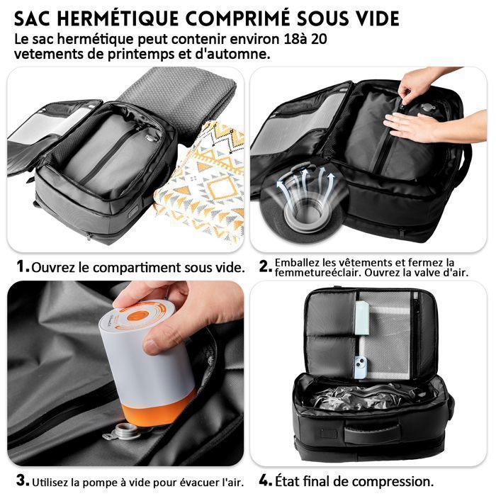 Sac de voyage à compression sous vide - 47 × 33 × 20 cm -Sac à dos multipoches - Imperméable - 35 L- Bagage cabine,noir