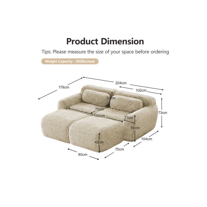 Sofá de 2 lugares com 2 pufes, tecido de veludo cáqui claro, modular e sem estrutura, espuma 32D, conjunto conversível para sala de estar.