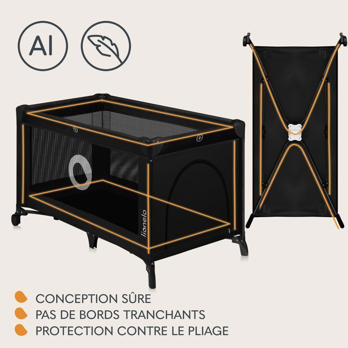 Cuna de viaje compacta 2 en 1 LIONELO Stefi - Parque infantil - 0-36 meses - Bolsa de transporte - Plegado rápido - 2 ruedas - Negra