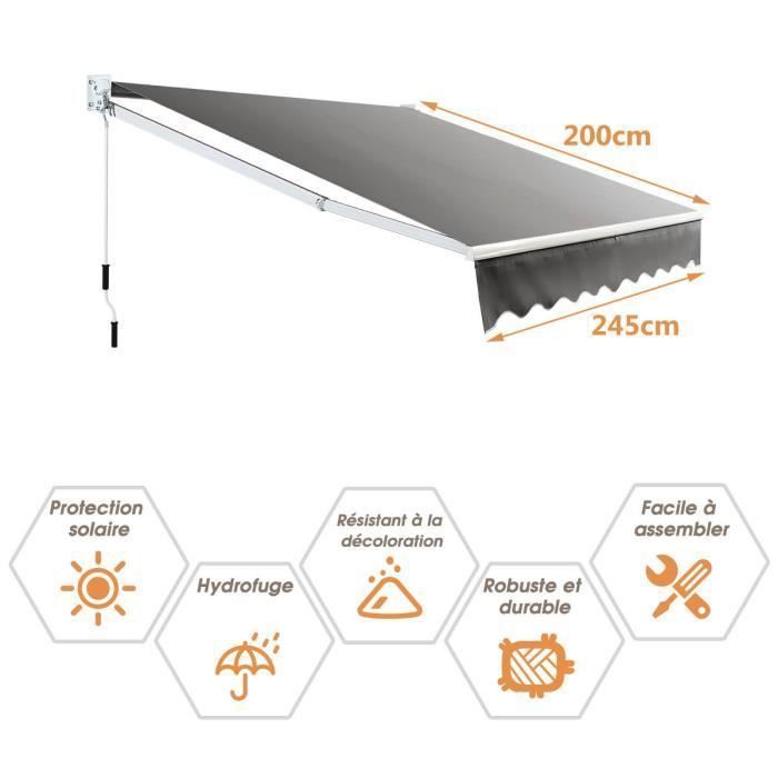 COSTWAY Manual Retractable Awning 245x200CM Adjustable Angle 40°-100° No Drilling Required Metal and Fabric for Window/Balcony/Garden Grey