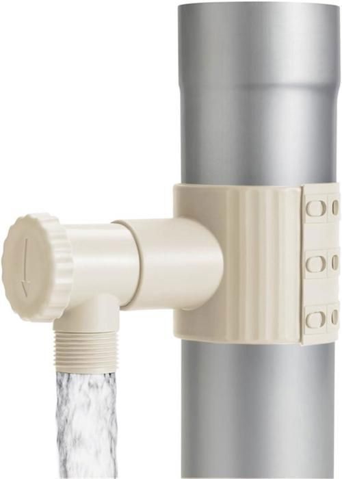 Sandfarbener PVC-Regenwassersammler/Ablauf für 75-100 mm Fallrohre + Lochsäge und Wasserhahn