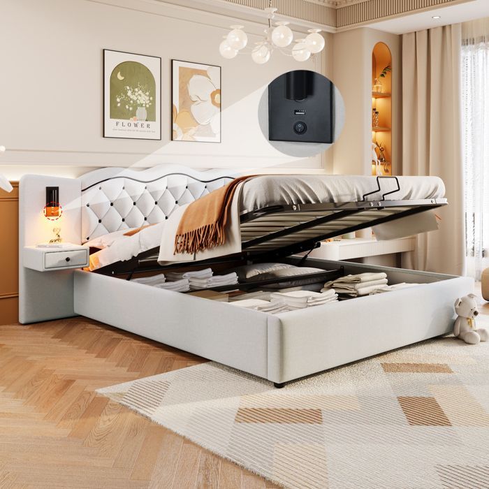 Letto contenitore 180x200 cm, beige - Meccanismo di sollevamento idraulico - Porta USB - 2 lampade da comodino