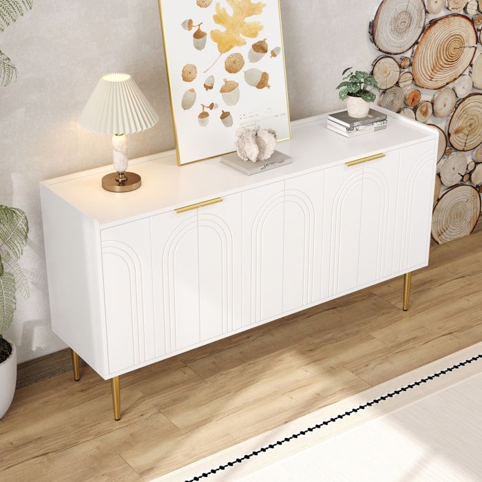 Aparador moderno blanco de 140 cm, mueble de comedor con espacio de almacenamiento y 4 puertas, estantes ajustables, patas de metal dorado.
