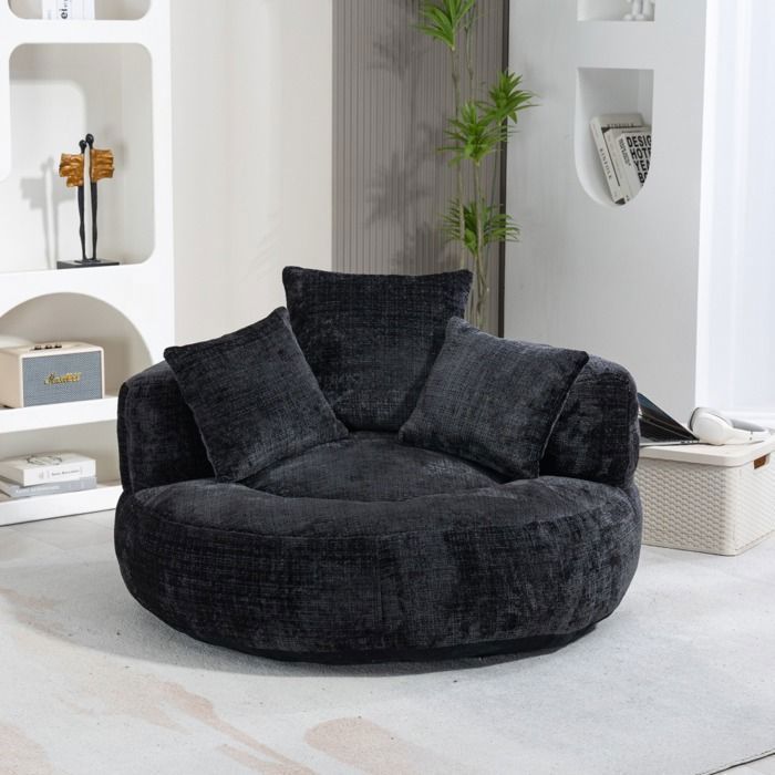 LEMONBEST Pouf poire 2 places en chenille noir 108×108×52 cm avec 3 coussins - Fauteuil lounge
