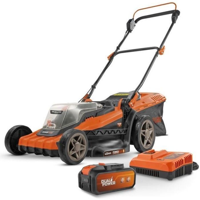 Cortador de grama sem fio de dupla alimentação 40V POWDPGLWS2 - Diâmetro de corte de 420 mm, saco coletor de grama de 50 L