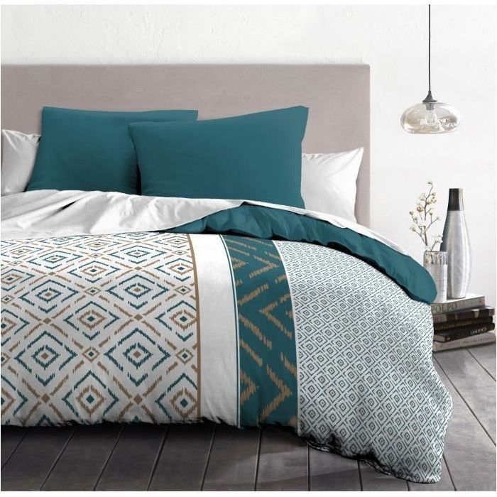 Juego de funda nórdica de microfibra ETHNO de 220x240 cm y 2 fundas de almohada de 63x63 cm, color azul pato.