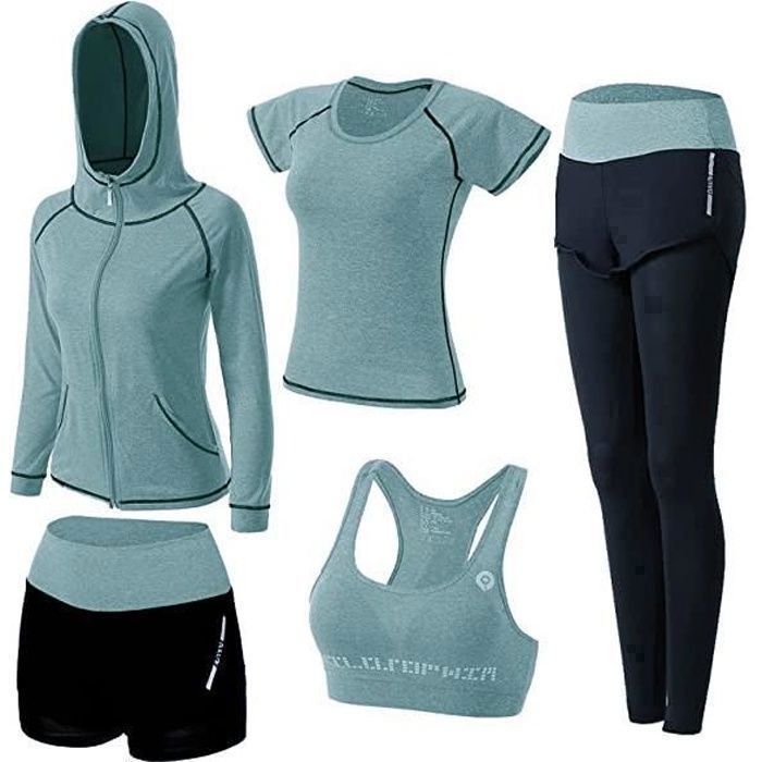 Survêtement Femme Ensembles Sportswear 5 Pièce Costumes de Sport Gym Yoga Athletisme Fitness Jogging Survêtement Tenue de Sport Vert