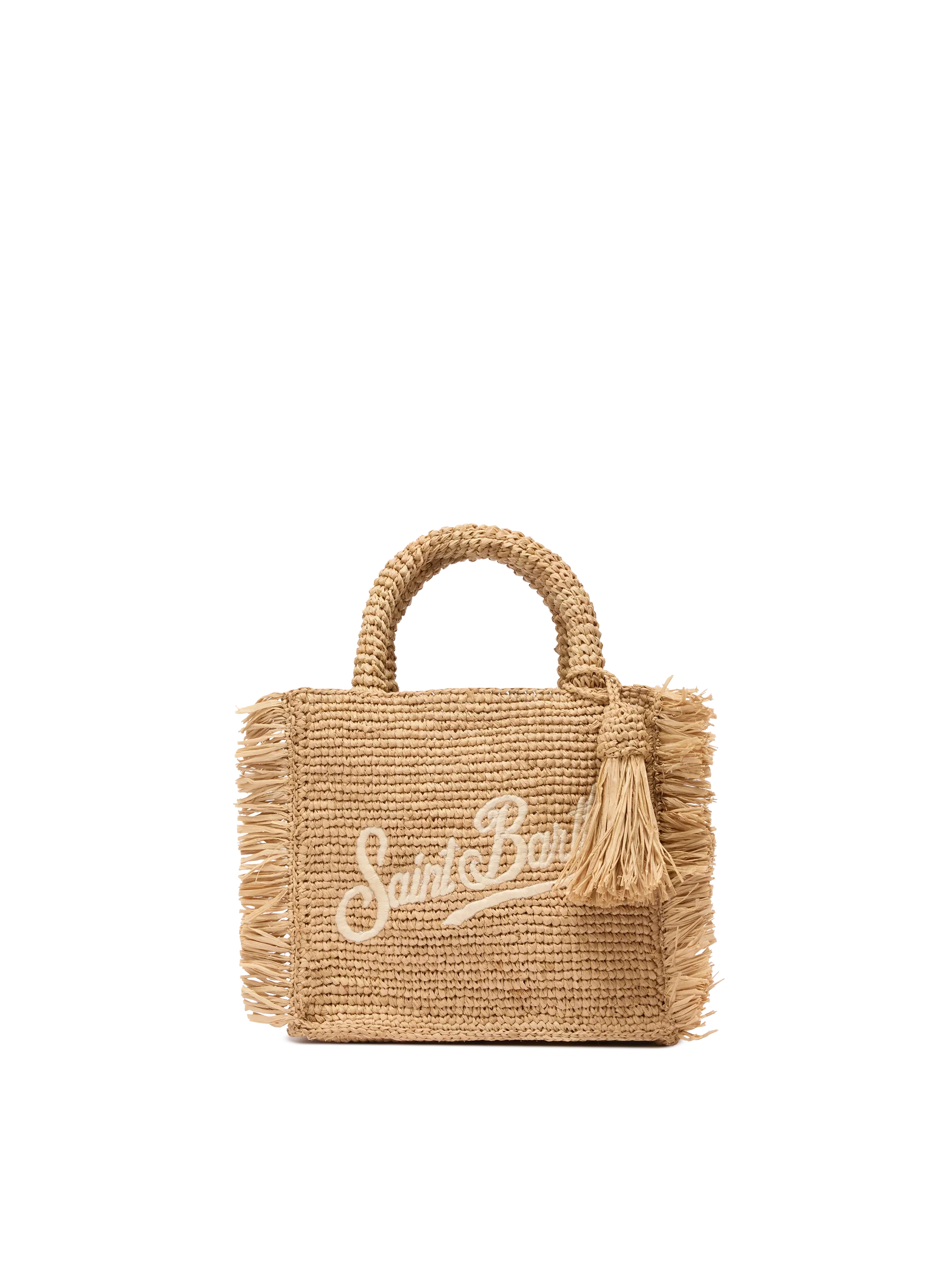 Mini toilettasje van raffia met franjes en borduurwerk in Saint Barth-stijl.
