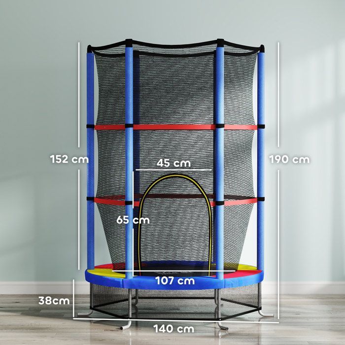 Cama elástica infantil - HOMCOM - Ø 1,40 x 1,90 m (alto) - red de seguridad, puerta con cremallera, 6 postes acolchados, capacidad de carga de 45 kg - multicolor
