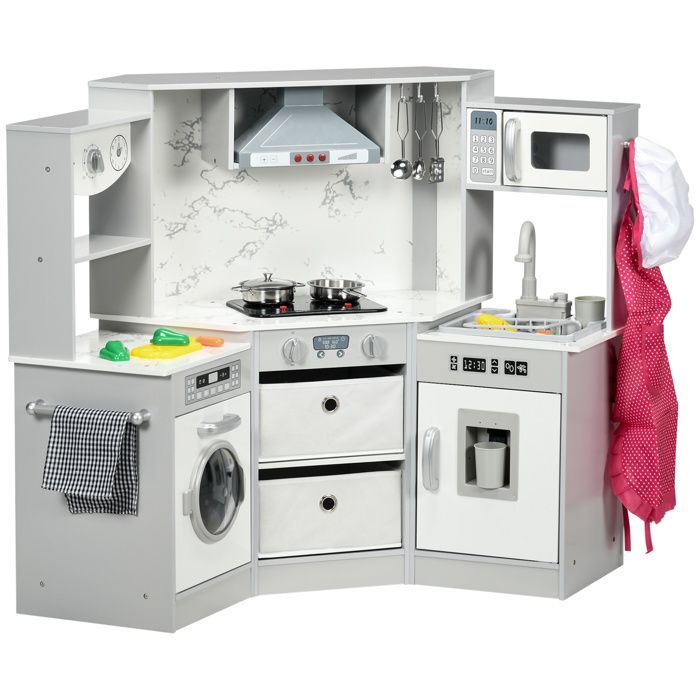 Cuisine pour enfant - AIYAPLAY - en bois jeu d'imitation effet sonore 17 accessoires - bois - gris blanc