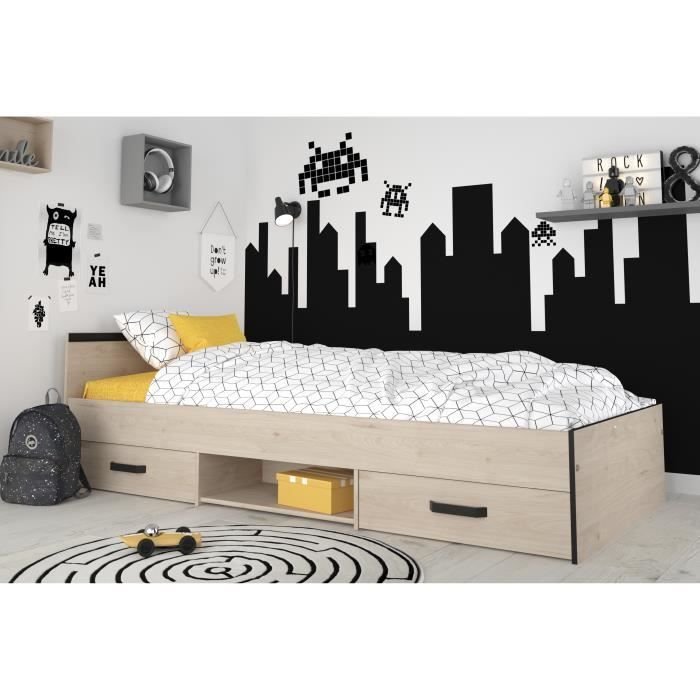 Cama infantil PARISOT Zodiac - 90x200 cm - Tablero de partículas - Acabado en roble y negro - Almacenamiento