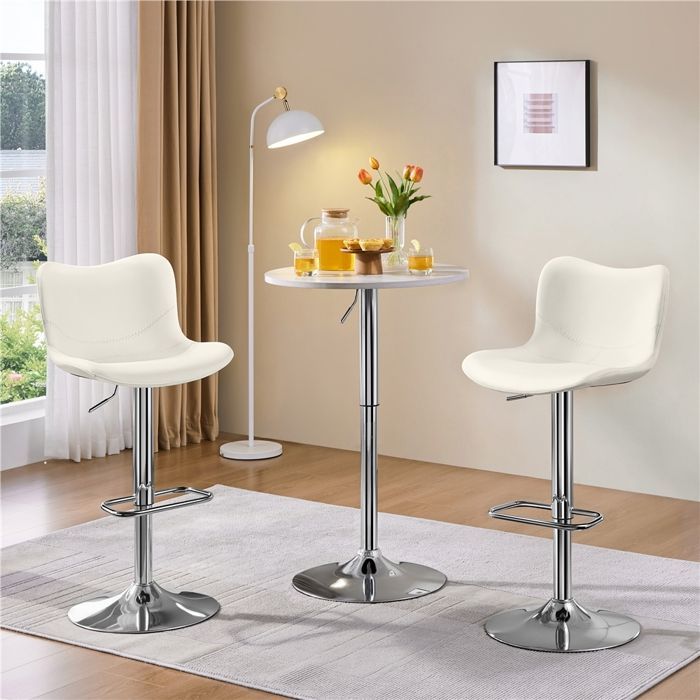 Yaheetech Lot de 2 Tabourets de Bar en Similicuir Polyuréthane Réglables en Hauteur avec Repose-pieds Blanc
