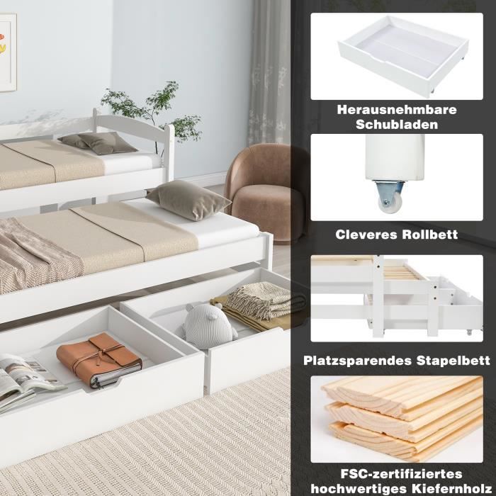 Letto estraibile per bambini con contenitore, 2 posti - Con 2 cassetti - Struttura in legno massello - Bianco