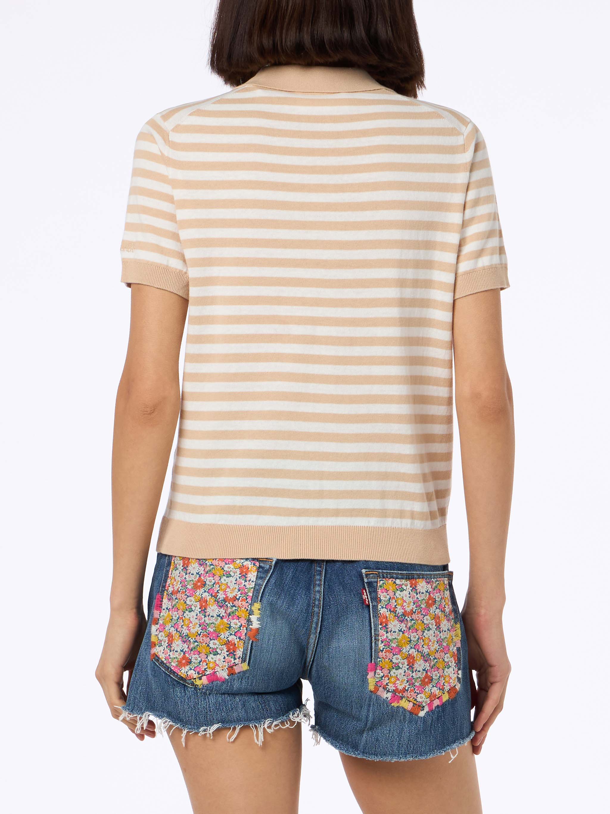 Evonne poloshirt in beige gestreepte katoenen gebreide stof